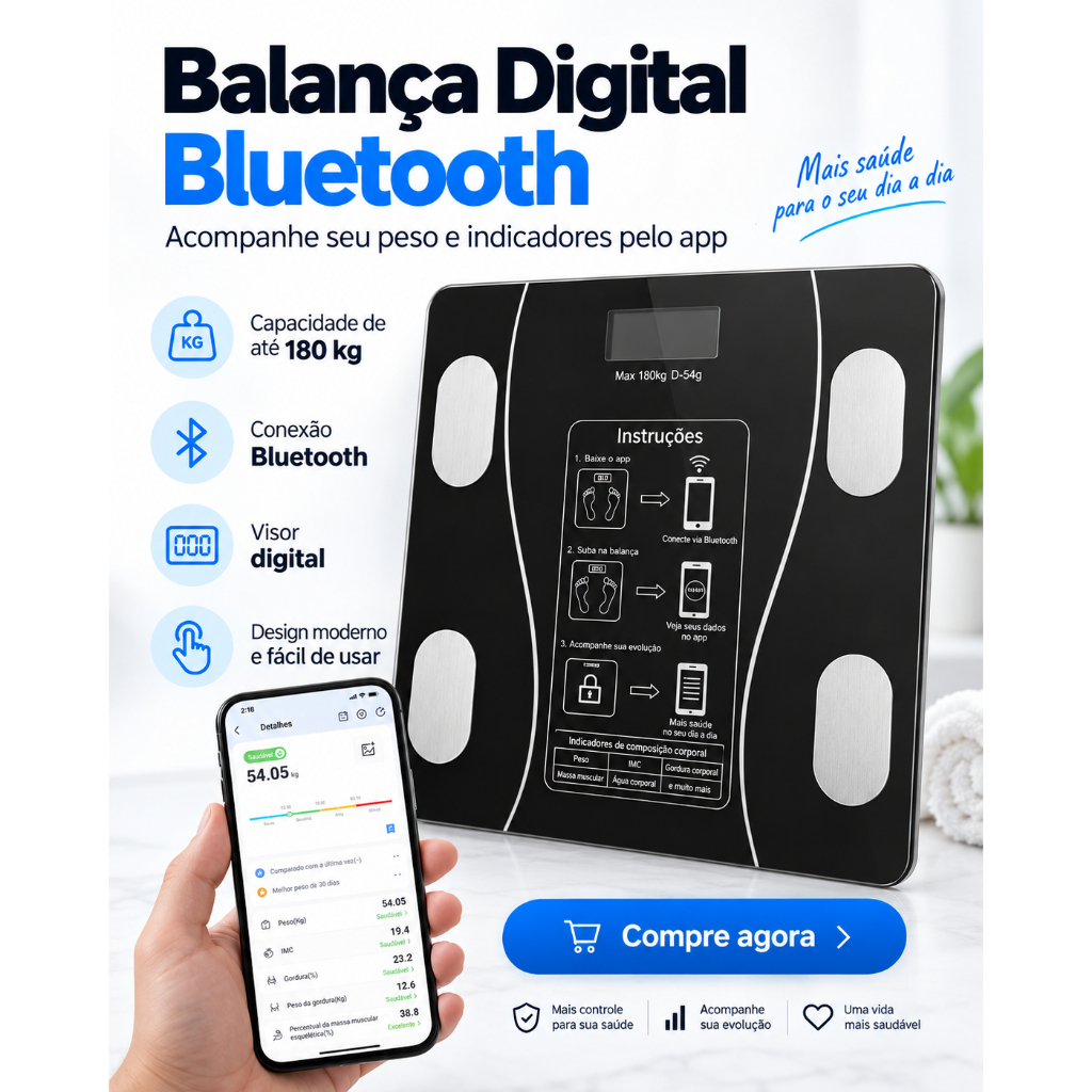 Balança Inteligente com Bioimpedância, App Integrado e Capacidade de até 180kg, Bluetooth