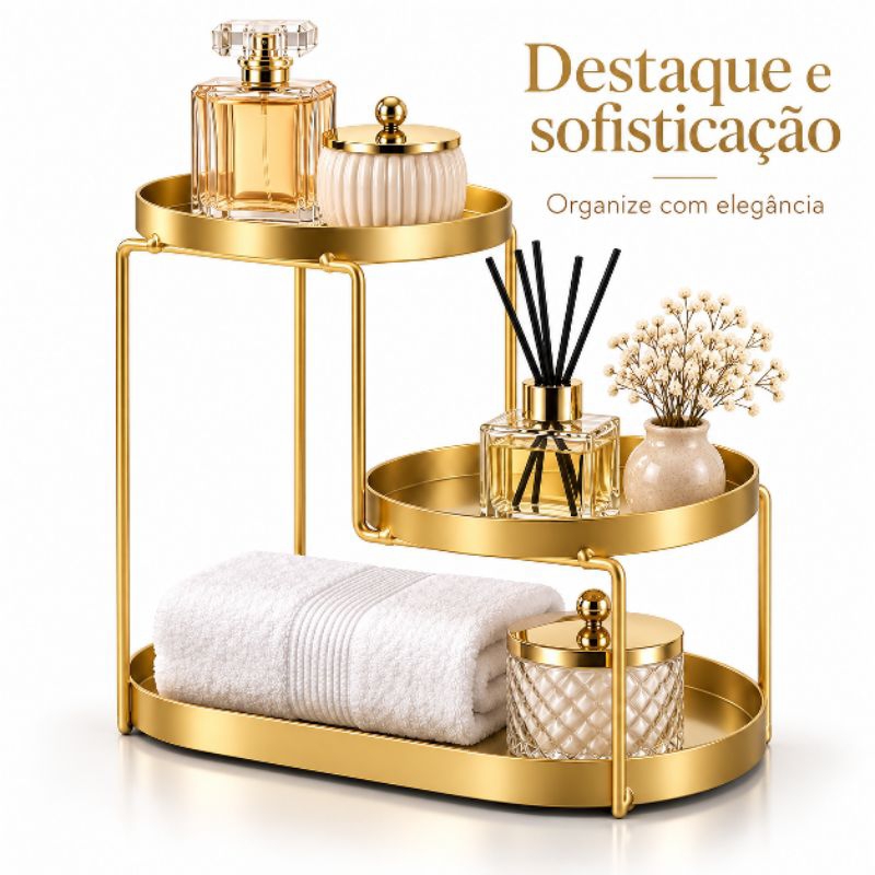 Organizador para Maquiagem Perfumes Cosméticos Banheiro Penteadeira Decorativo 3 Andares Dourado