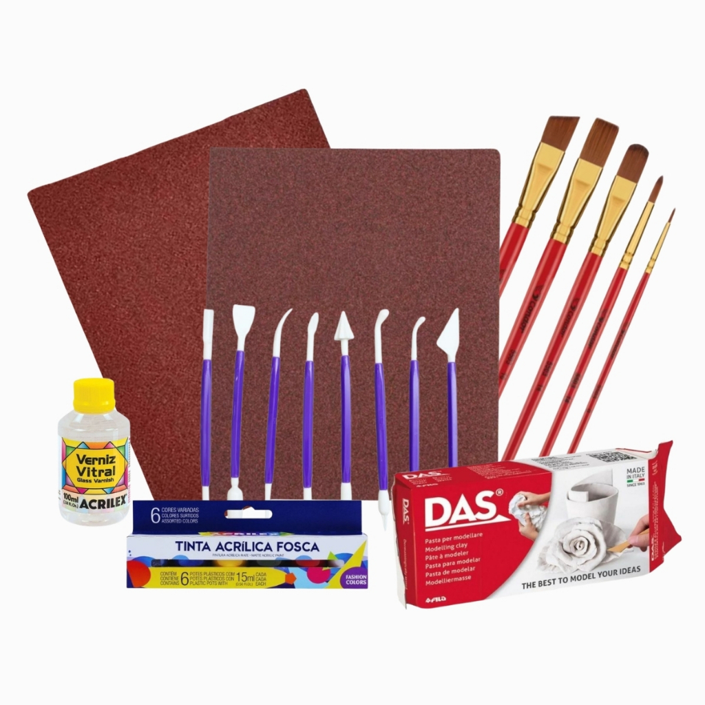 Massa Das para modelar Cerâmica Fria 1kg Lixas Kit Pincel Tinta Acrílica Verniz G Esteca Color