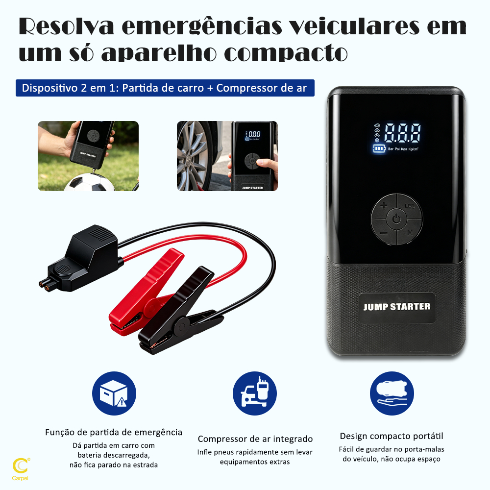 2 em 1 Auxiliador Partida Compressor de Ar PowerBank Portátil Multifuncional Carregamento 12V Carpei