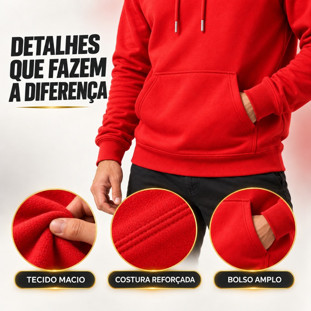 Moletom Canguru Quentinho Premium, Grosso Flanelado Inverno Unissex VERMELHO Capuz Cordão Ajustavel — imagem 2 de 2