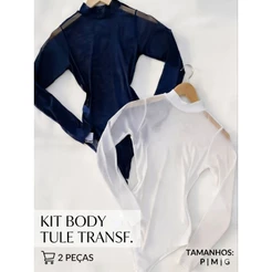 Kit 2 Body Feminino Tule Transparente Manga Longa Gola Alta Segunda Pele Moda Gringa Blogueira Lingerie Casual Noite