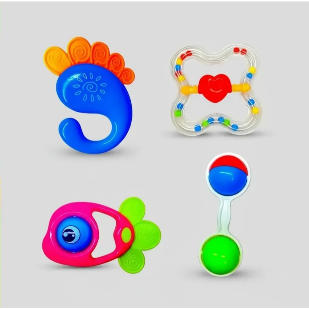 Brinquedos Para Bebê Kit com 4 peças Chocalho + Mordedor Macio Colorido Sensorial PROMOÇÂO