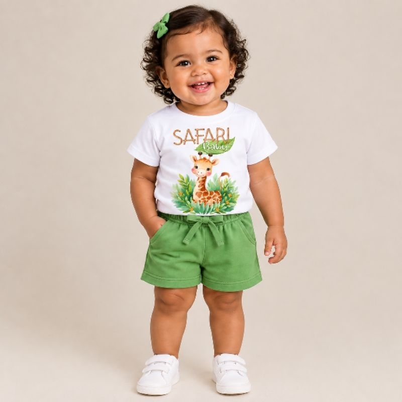 Conjunto Camiseta e Bermuda Infantil Juvenil Criança Bebê com Estampada Dry Fit Estampa Safari UNISEX