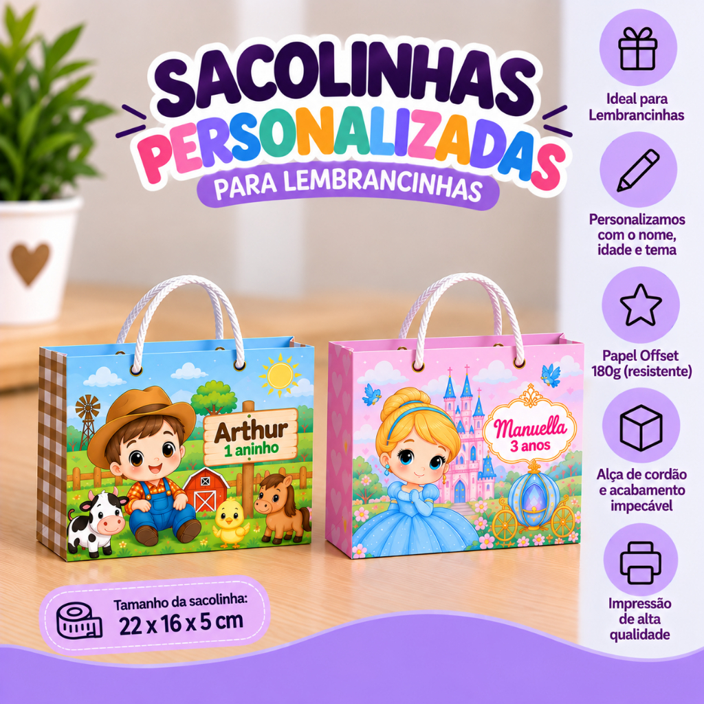 Sacolinha Personalizada Festa Infantil Aniversário Lembrancinha com Nome e Tema