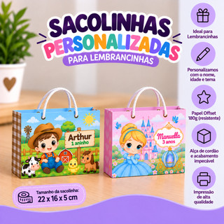 Sacolinha Personalizada Festa Infantil Aniversário Lembrancinha com Nome e Tema