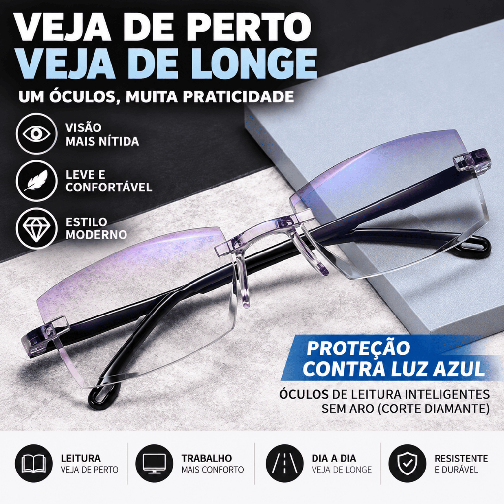 Óculos Inteligentes Ajuste Automático de Grau para Perto e Longe com Proteção Anti Luz Azul