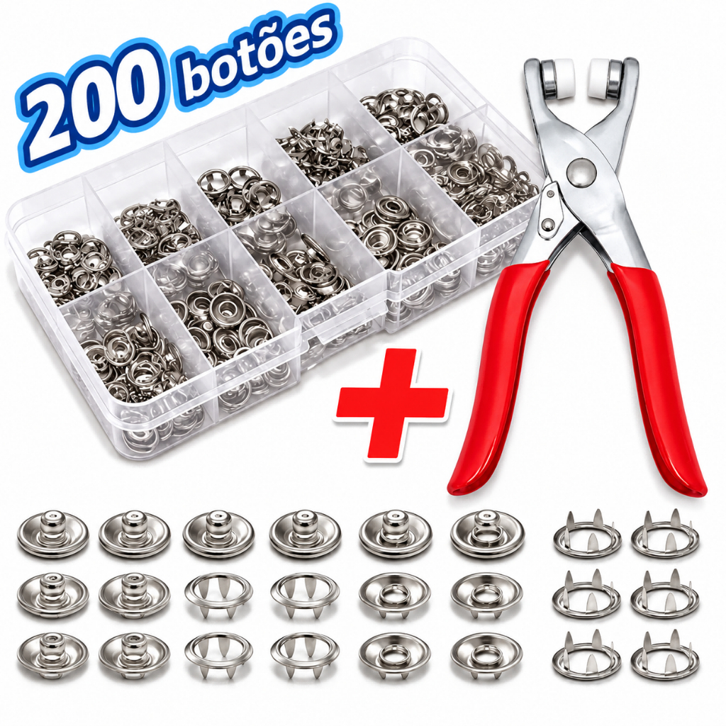 Alicate Aplicador Para Botão De Metal De Pressão Roupa Bebe com 200 botões de roupas