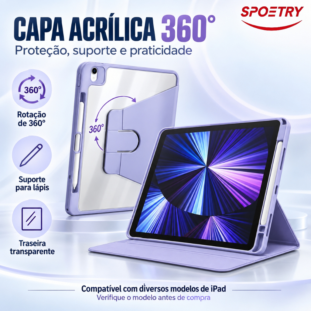 Capa de Acrílico com suporte do lápis rotação de 360 graus Compativel iPad 10 7 8 AIR 11 5 4 3 PRO 11 Qualidade Premium