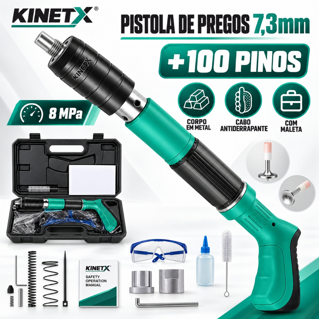 Pistola Portátil Profissional KINETX 7,3 mm Com 5 Ajustes De Potência + Kit De Pinos Para Concreto Rebocado Em Drywall