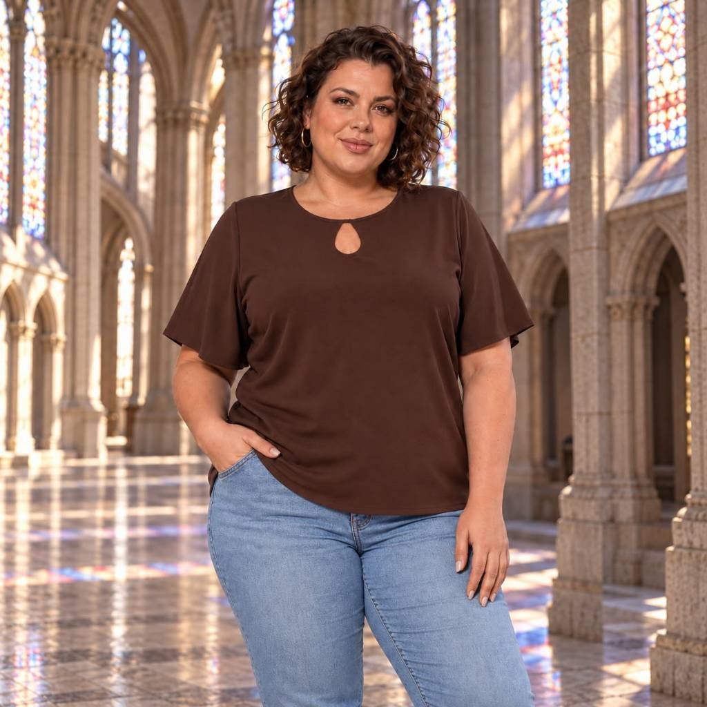 Blusa plus size lisa com mangas verão tendência chic básica confortável roupa evangélica cristã dia a dia verão