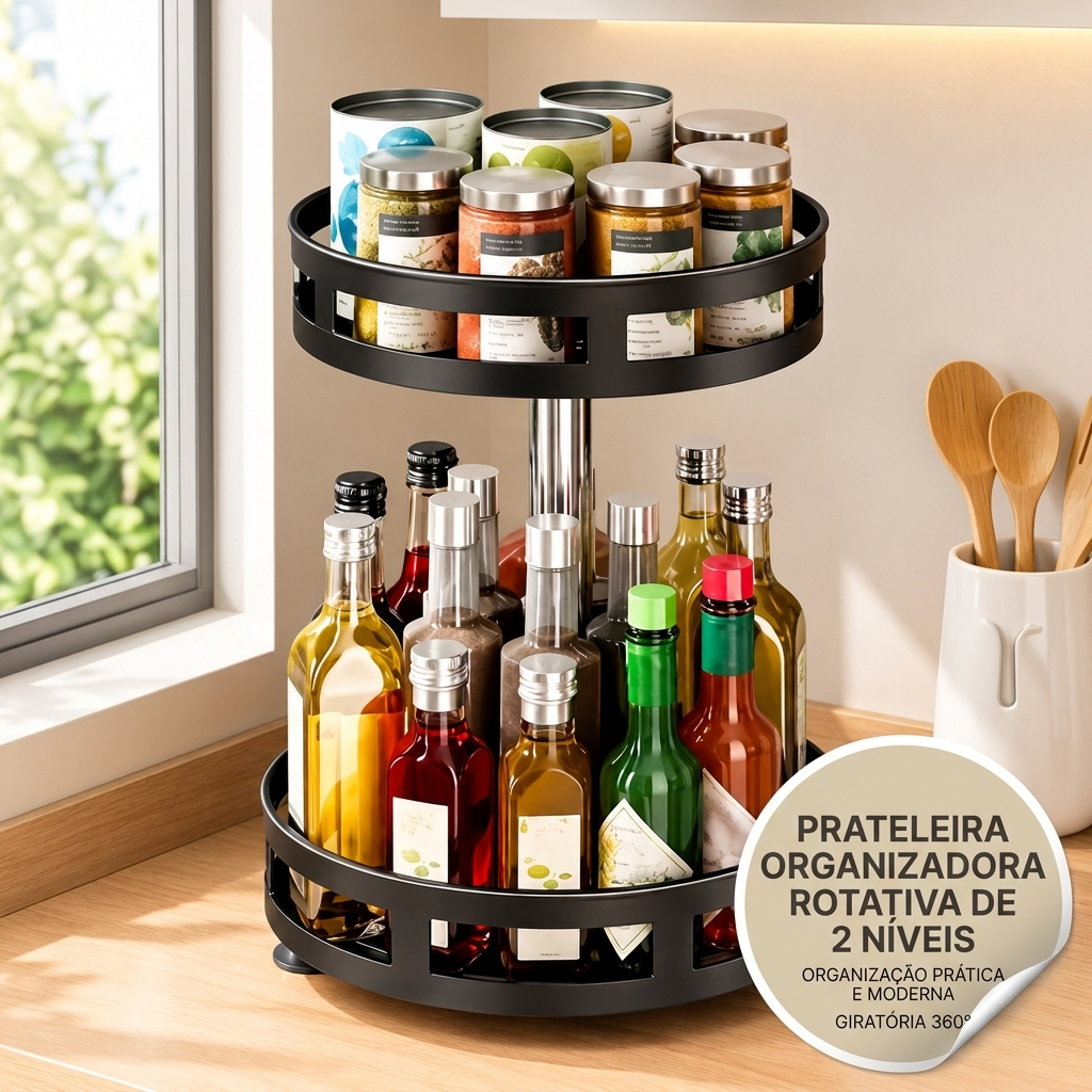 Prateleira Rotativa Organizadora 2 Camadas Multiuso Cozinha Banheiro Lavanderia Temperos Shampoo Limpeza