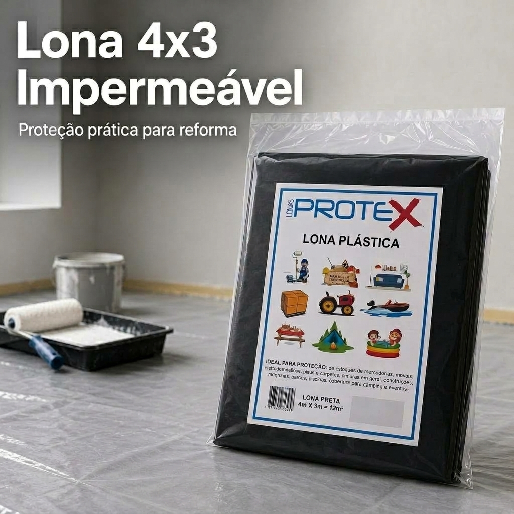 Lona Plástica Preta 4x3 Impermeável 100 Micras Leve Multiuso Proteção Obra Mudança Pintura 12m² - Lonas Protex.