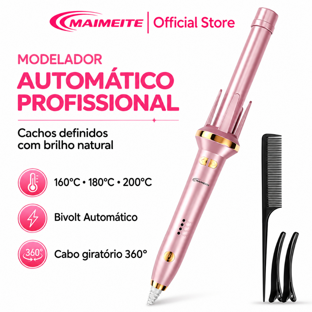MAIMEITE Modelador Automático 25mm - Bivolt 110-220V - Rotação 360° - 30s - 160-200°C - Cerâmica + Íons