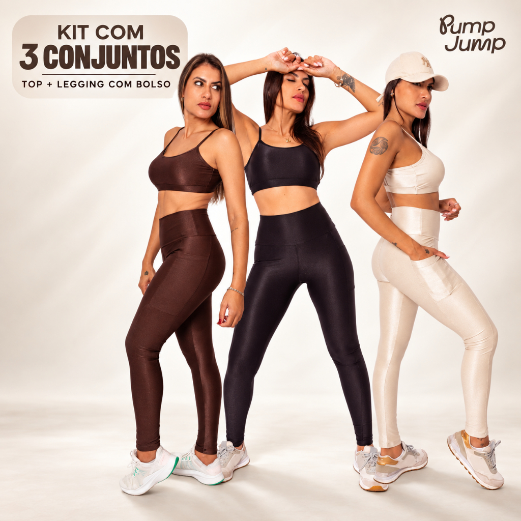 Kit 3 Conjuntos Fitness Feminino Top Fita Costas Abertas + Legging com Bolso Poliamida Micro Canelada Academia