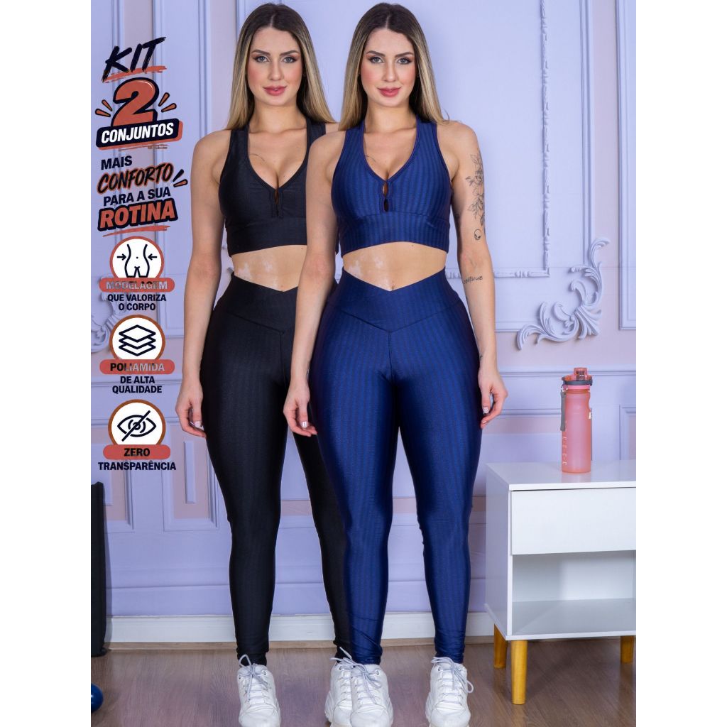 Kit 2 Conjuntos 3D Calça Cós Cruzado com Top Nadador Feminino Fitness Academia Poliamida
