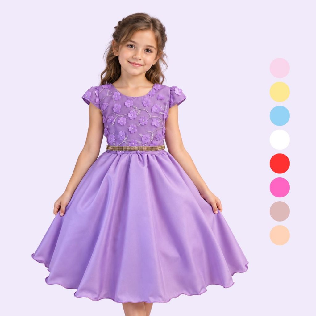 Vestido Juvenil Curto Com Aplicações de Flores Elegante
