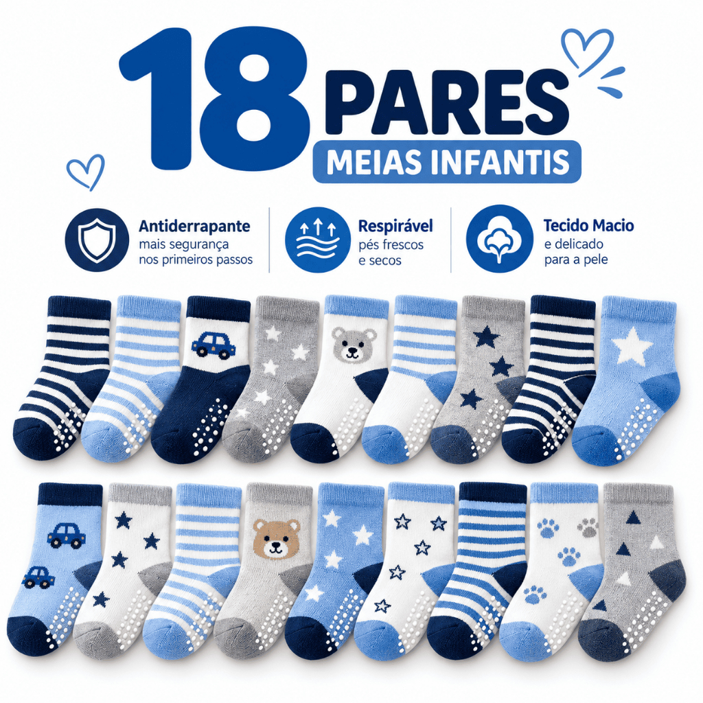 18 Pares Meias Bebê Menino Antiderrapantes Algodão Confortáveis 0–96 Meses Recém Nascido