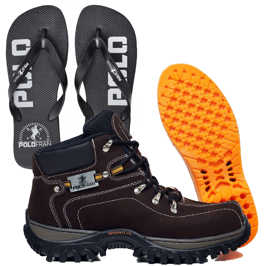 Kit Bota Adventure Marrom Botina Polo Fran Masculina + Palmilha gel + Chinelo