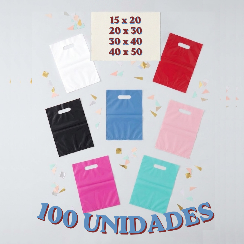 Kit 100 sacolas plásticas boca de palhaço diversos tamanhos e cores para loja e lembrancinhas com material premium