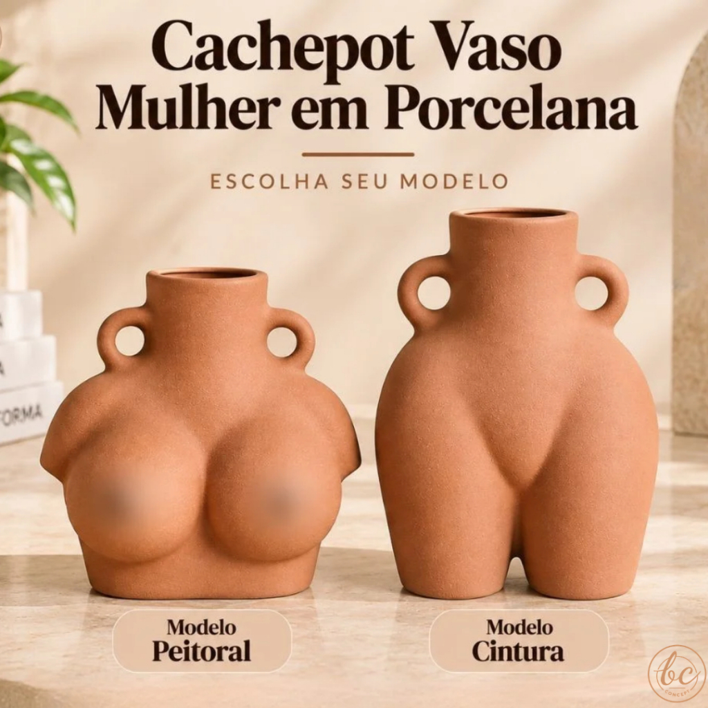 Cachepot Vaso De Porcelana Mulher Corpo Cintura ou Mulher Busto Peitoral Nudismo Terracota
