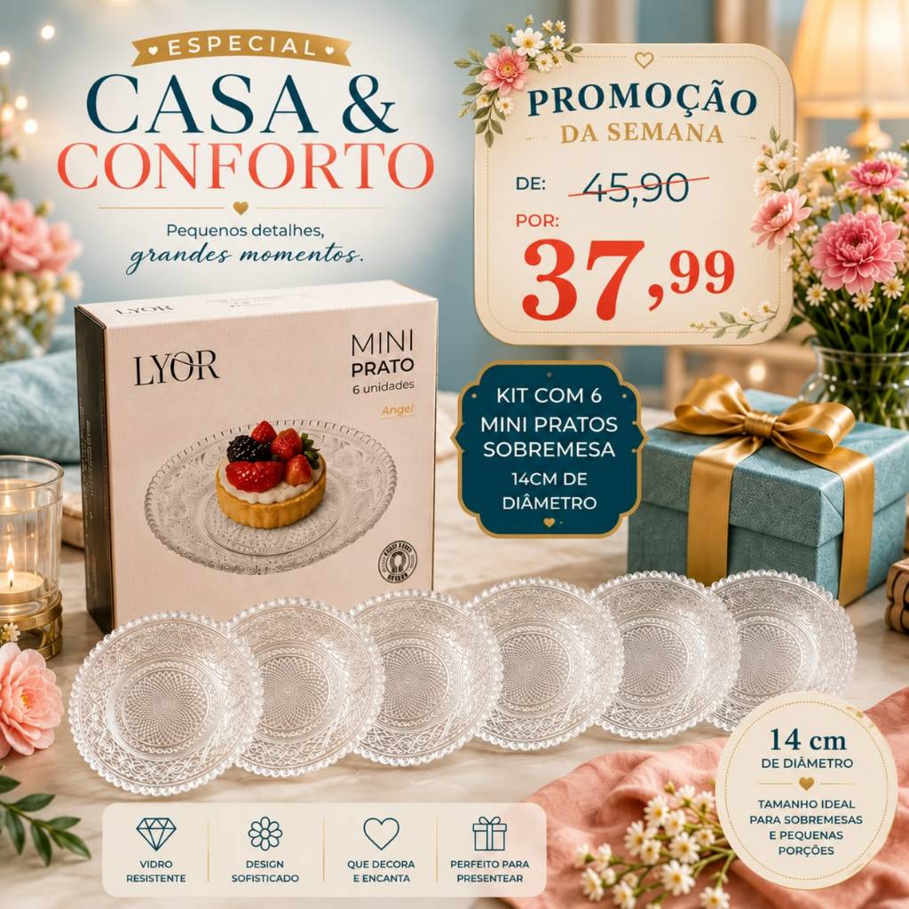 Kit Jogo 6 Mini Pratos de Sobremesa Lyor Vidro Resistente Transparente Mesa Elegante Chic Egípcio