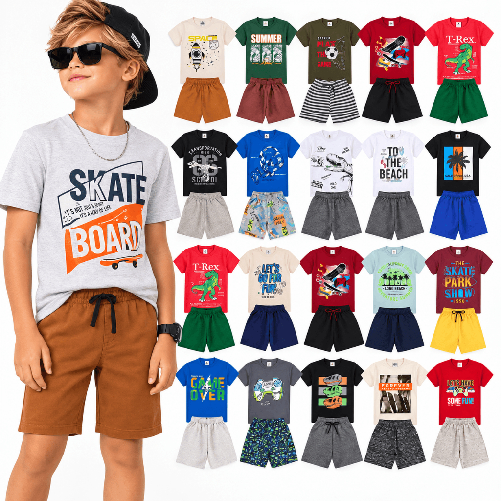 Kit 12 Peças Roupa Infantil Menino | Conjunto Infantil Verão Menino | Kit Camiseta + Bermuda Masculino