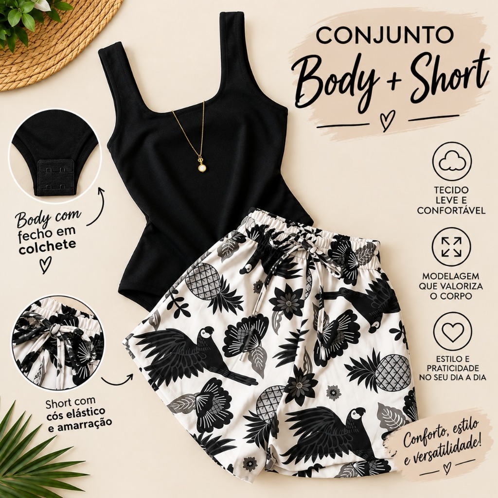 Conjunto Feminino Body e Short Estampado Floral Tendência Verão, Viagem, Moda Praia, Estiloso, Moda Blogueira Shorts