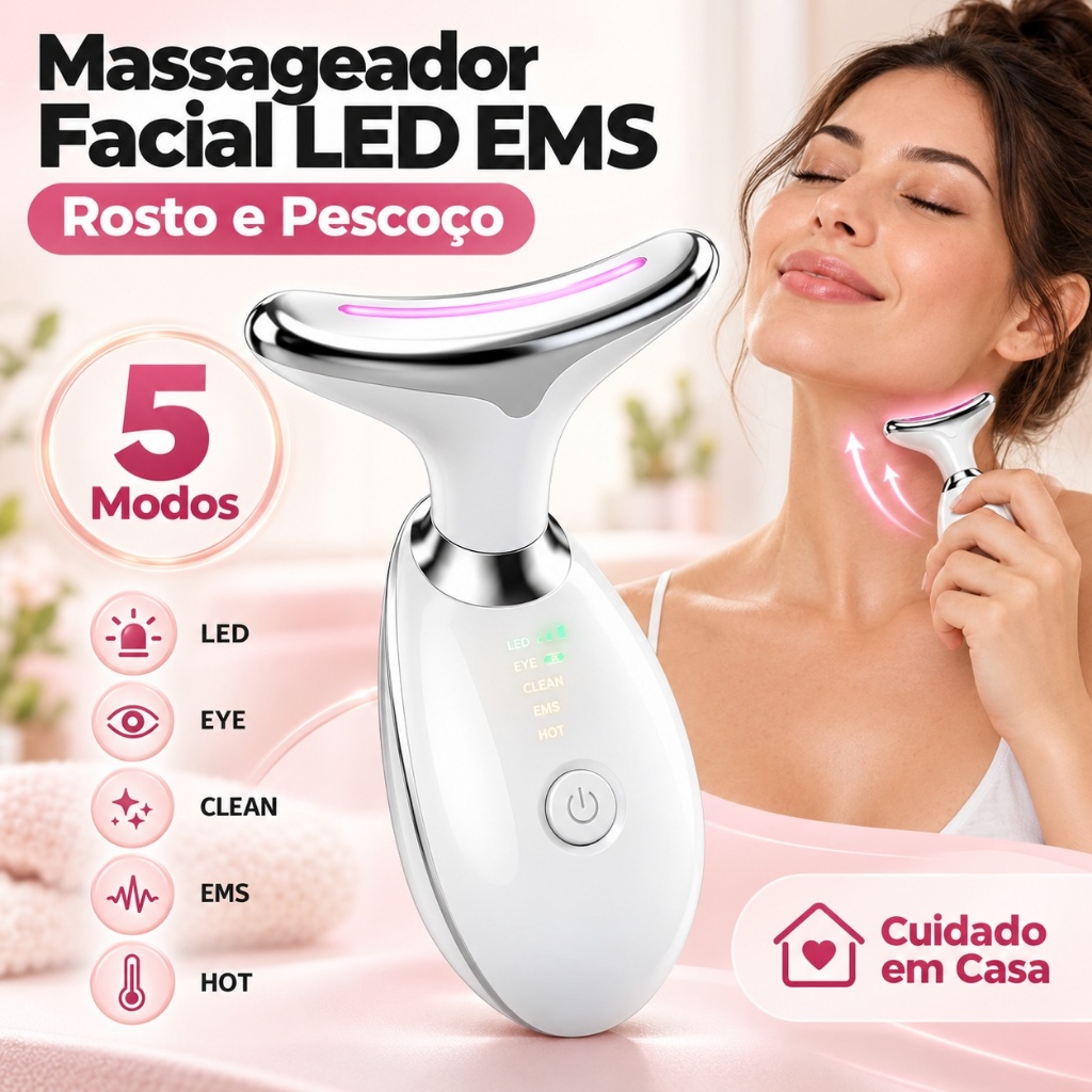 Massageador Facial para Rosto e Pescoço LED EMS 5 Modos Aquecimento Microcorrente Portátil