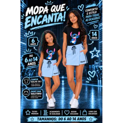 Conjunto de menina veste do 6 ao 14 anos short saia + blusinha stitch