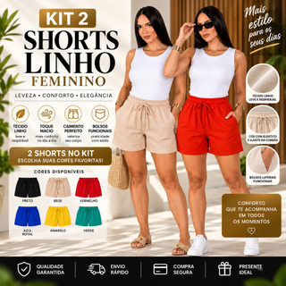 Kit 2 Shorts Feminino Linho Viscose Cós Elástico Com Bolsos Confortável Casual