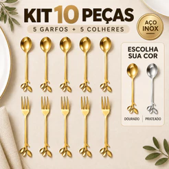 Kit Garfo Colher Sobremesa Folha Aço Inox Dourado Prateado Café Chá Mesa Posta 10 Peças Talheres