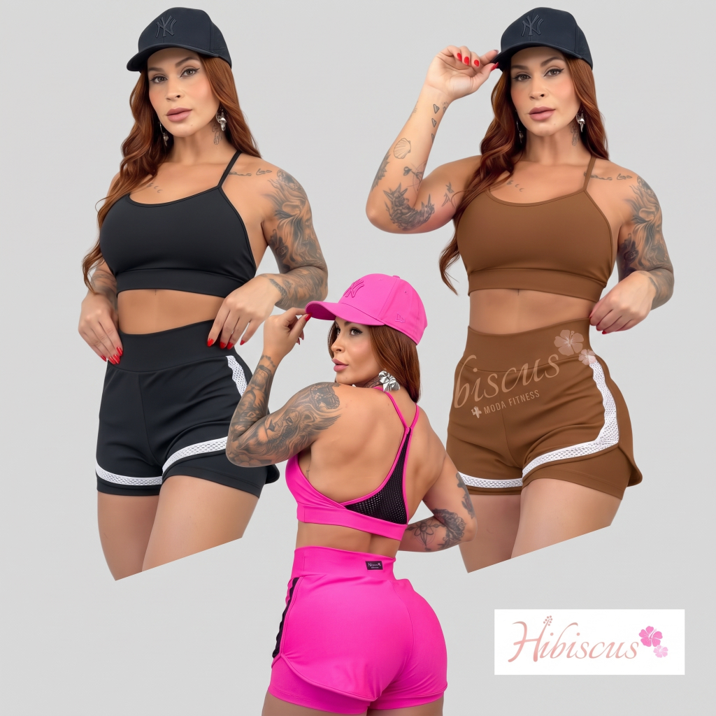 CONJUNTO FITNESS SHORT DUPLO COM TOP COM BOJO REMOVIVEL FEMININO PARA ACADEMIA E TREINO COS ALTO ZERO TRANSPARENCIA