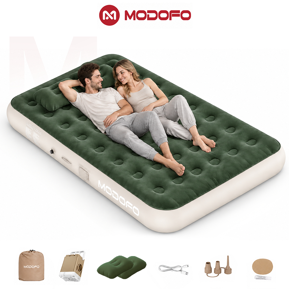 Colchão Inflável Queen Verde Com Bomba Elétrica Recarregável MODOFO Cama Inflável Para Casa Camping