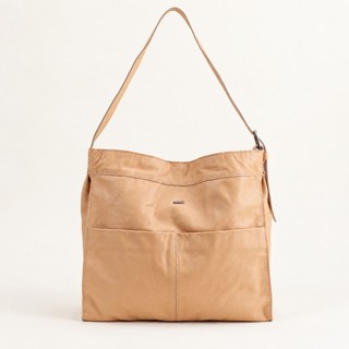 Bolsa Feminina de Ombro em Couro Macio Bege com Bolsos Frontais Zíper e Alça Regulável/moda