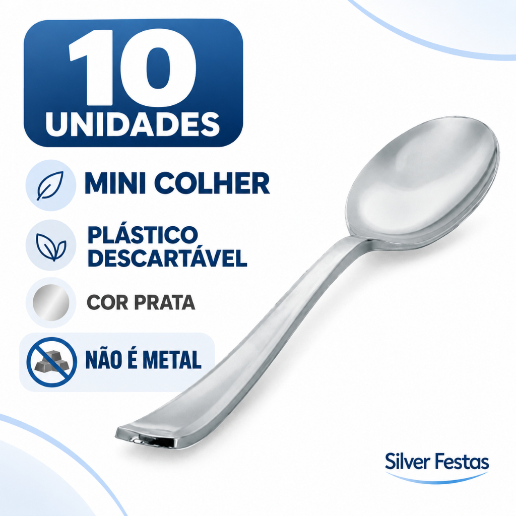 Mini Colher Plástico Descartável - Cor Prata - 10 unidades - Silver Festas | Decoração e Sobremesa