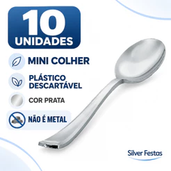 Mini Colher Plástico Descartável - Cor Prata - 10 unidades - Silver Festas | Decoração e Sobremesa