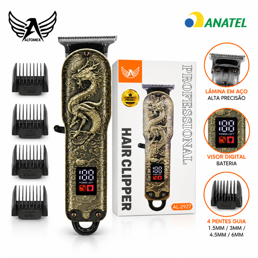 Máquina de Cortar Cabelo e Barba Profissional Sem Fio Silenciosa Altomex