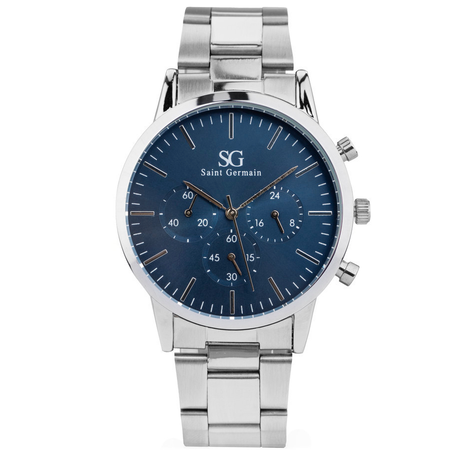 Relógio Masculino Prata Saint Germain Chrono Blue Silver 42mm - Fundo Azul