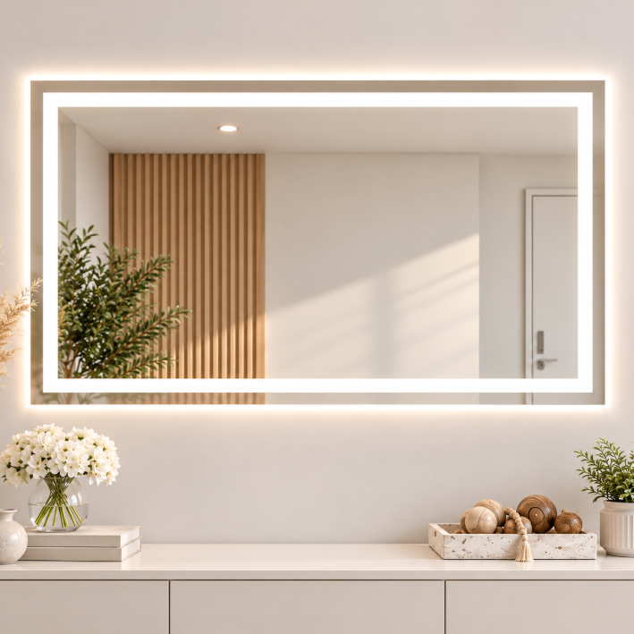 Espelho LED Retangular Jateado 80x50 Touch Banheiro Lavabo Penteadeira Maquiagem