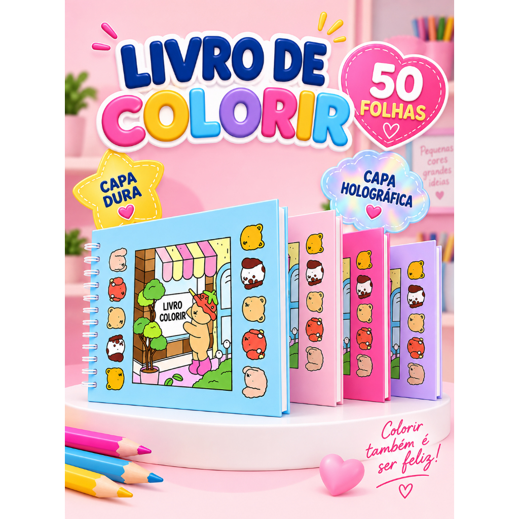 Livro de Colorir Infantil 50 Folhas 180g Capa Dura Holográfica A5 com Folha de Acetato