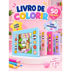 Livro de Colorir Infantil 50 Folhas 180g Capa Dura Holográfica A5 com Folha de Acetato