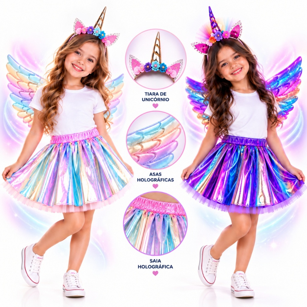 Fantasia Unicórnio Infantil Menina Completa Kit Asa Holográfica + Saia + Tiara Festa Carnaval Aniversário