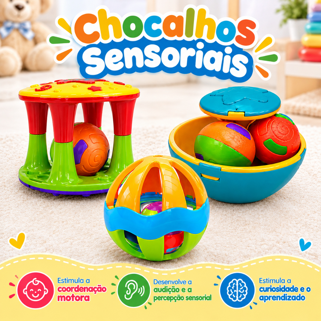 Chocalhos para Bebê Kit ou Unitário Brinquedo Sensorial Educativo Infantil Bolinha Pião Torre