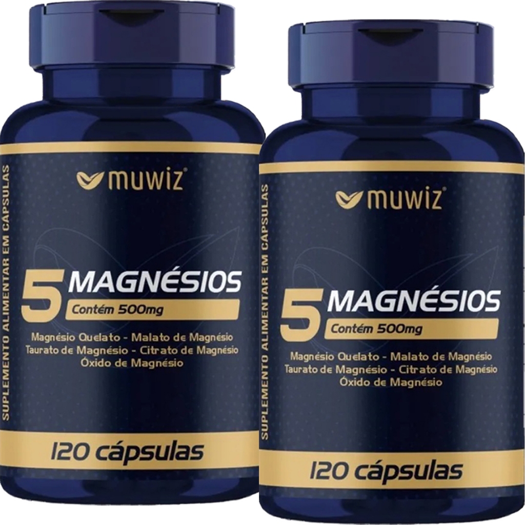 KIT 2x 5 Magnésios ( Quelato + Malato + Taurato + Citrato + Óxido ) 120 Cápsulas 500mg - Muwiz