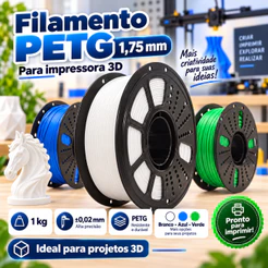 Filamento 3D PETG 1kg 1,75mm para Impressora 3D, Tolerância ±0,02mm, Rolo Branco Azul Verde