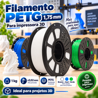 Filamento 3D PETG 1kg 1,75mm para Impressora 3D, Tolerância ±0,02mm, Rolo Branco Azul Verde