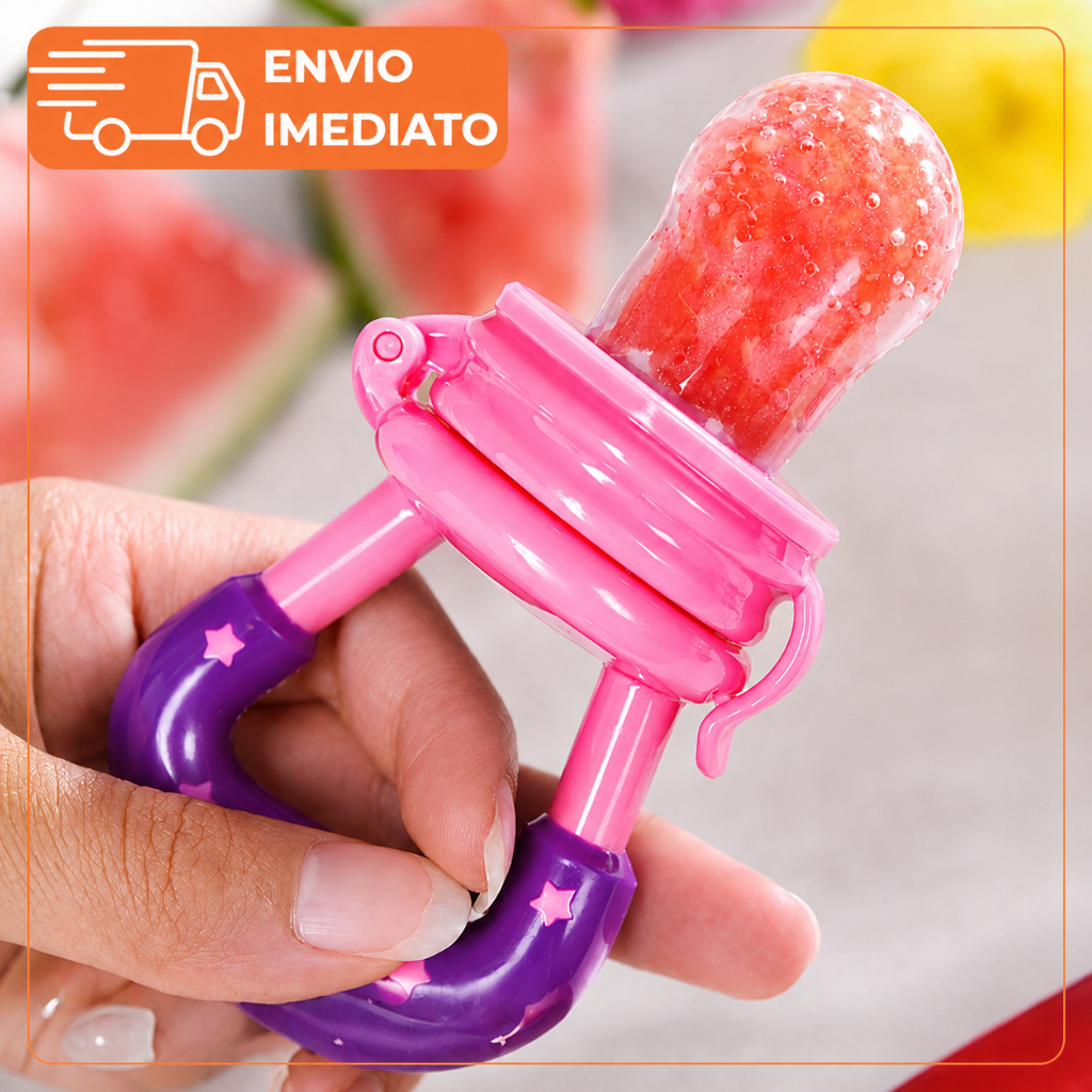 Chupeta Mordedor Rosa Alimentador para Bebê de Silicone com Porta Frutas