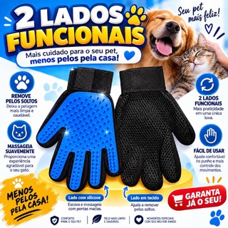 Luva Escova Pet Silicone 2 Lados Tira Pelos e Massageia Cães e Gatos