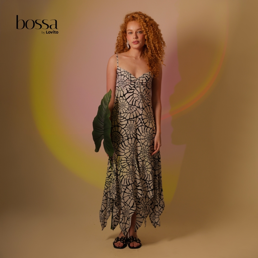 Lovito Bossa Vestido Feminino Midi em Viscose Pontas Assimétricas Estampa Conchas PB DRB17381768